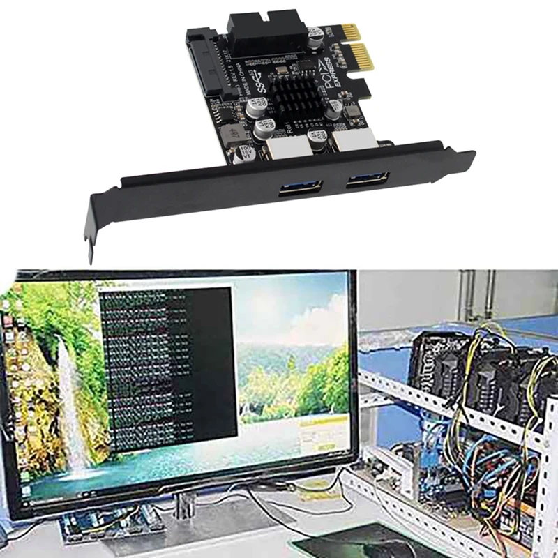 PCI-E To USB3.0 Riser Card With 2X USB Ports PCI-E Expansion Card 19-Pin SATA Power Connector Support PCIE 1X 4X 8X 16X