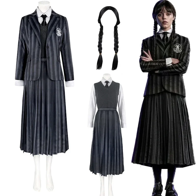 Wednesday   Cosplay Costume Schoolgirl Nevermore College School Uniforms Wig Striped Vest Shirt Coat Suit Halloween Party