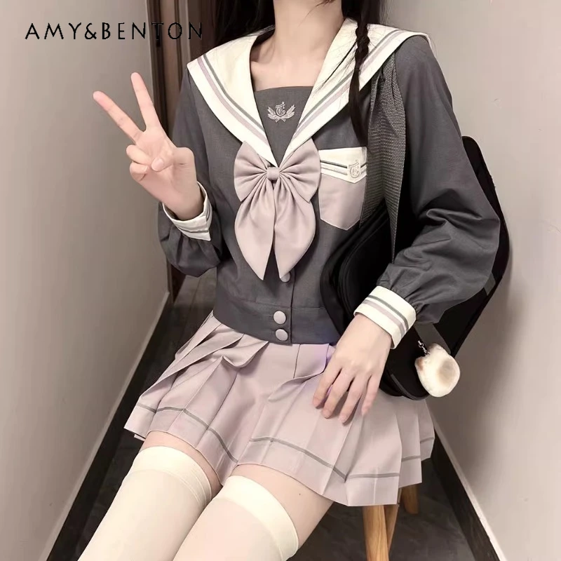 Japanese Lolita Purple JK Uniform Girl Preppy Style Sexy Sailor Set Long Sleeves Short Skirt Contrasting Colors Versatile Suit