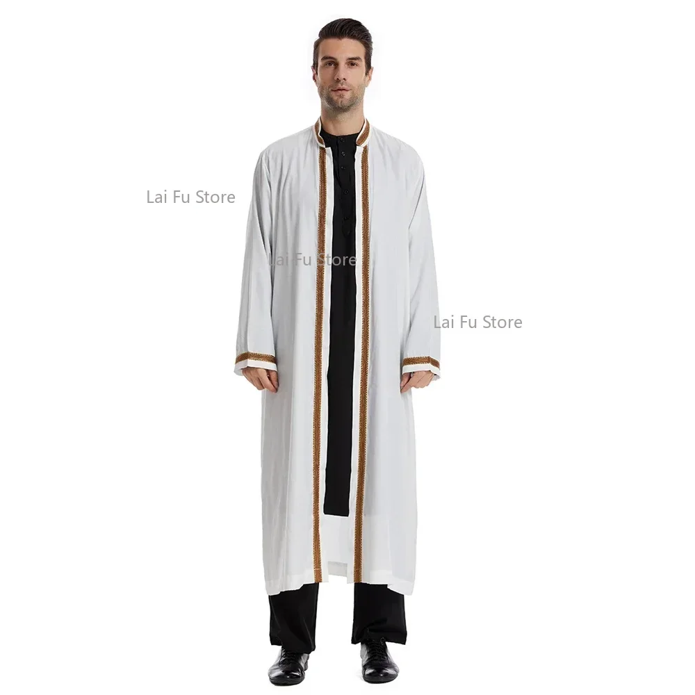 عباية مفتوحة للرجال مسلم سعودي جوبا ملابس إسلامية رمضان كيمونو كم طويل رداء قفطان دبي فستان عربي بياقة واقفة