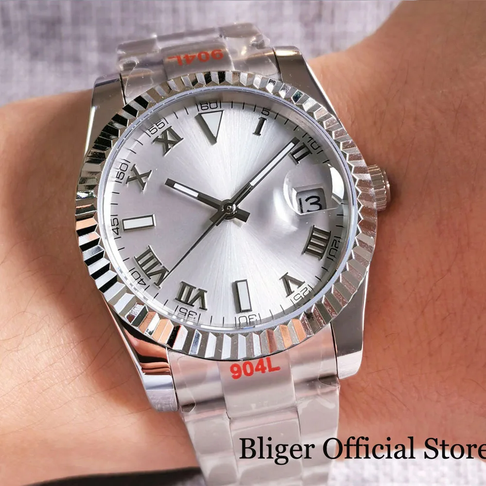 

BLIGER 36mm 39mm NH35A PT5000 Fluted Bezel Automatic Men Watch Roman Numbers MIYOTA Steel Strap Screwdown Crown Glass Back