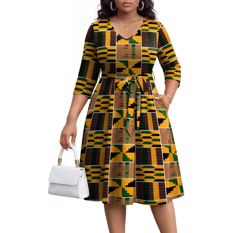 

Plus Size Midi Dresses for Women - A Line Church Dress V Neck 3/4 Sleeve Wedding Guest Cocktail with Pockets(XL-5XL)