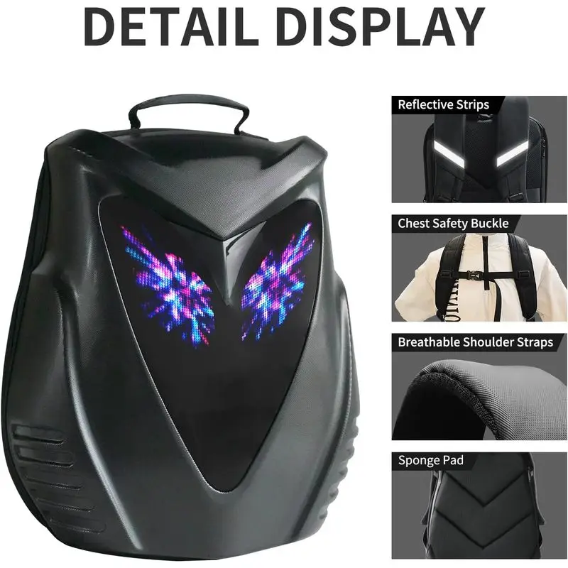 Motorcycle Backpack for Men, LED With DIY Programmable Full Color Screen, Hard Shell  Waterproof Helmet Bag Laptop