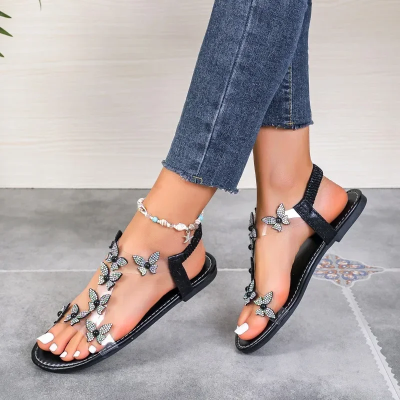 Summer Women's Shoes 2024 High Quality Fashion Open Toe Women's Sandals One-line Buckle Butterfly Decoration Women's Shoes