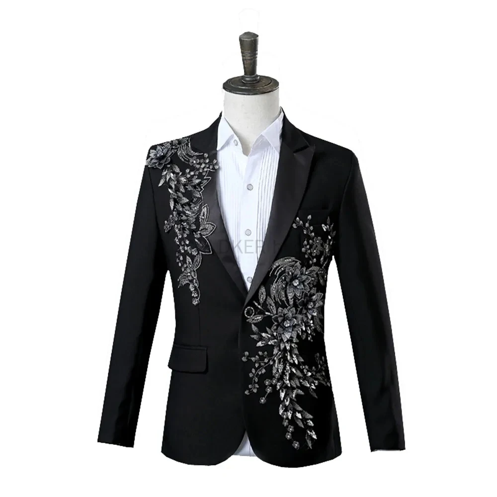 COLDKER Elegant Appliqued Mens Suits Slim Fit 2 Piece Formal Tuxedo Suits Blazer Pants with Bow Tie for Wedding Prom