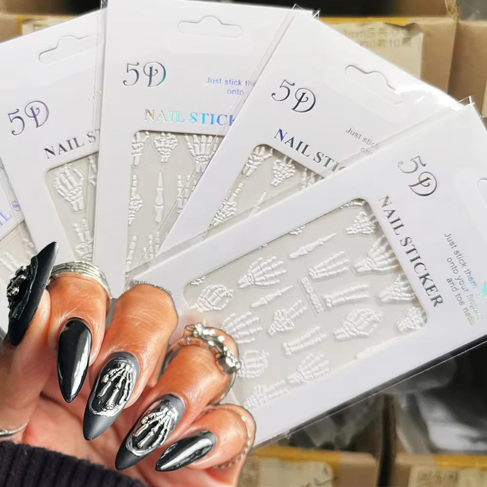 

2PCS 5D Punk White Skeleton Hand Nail Art Stickers Gothic Embossed Cosplay Bone Design Adhesive Nail Decal Y2K Nail Art Supplies
