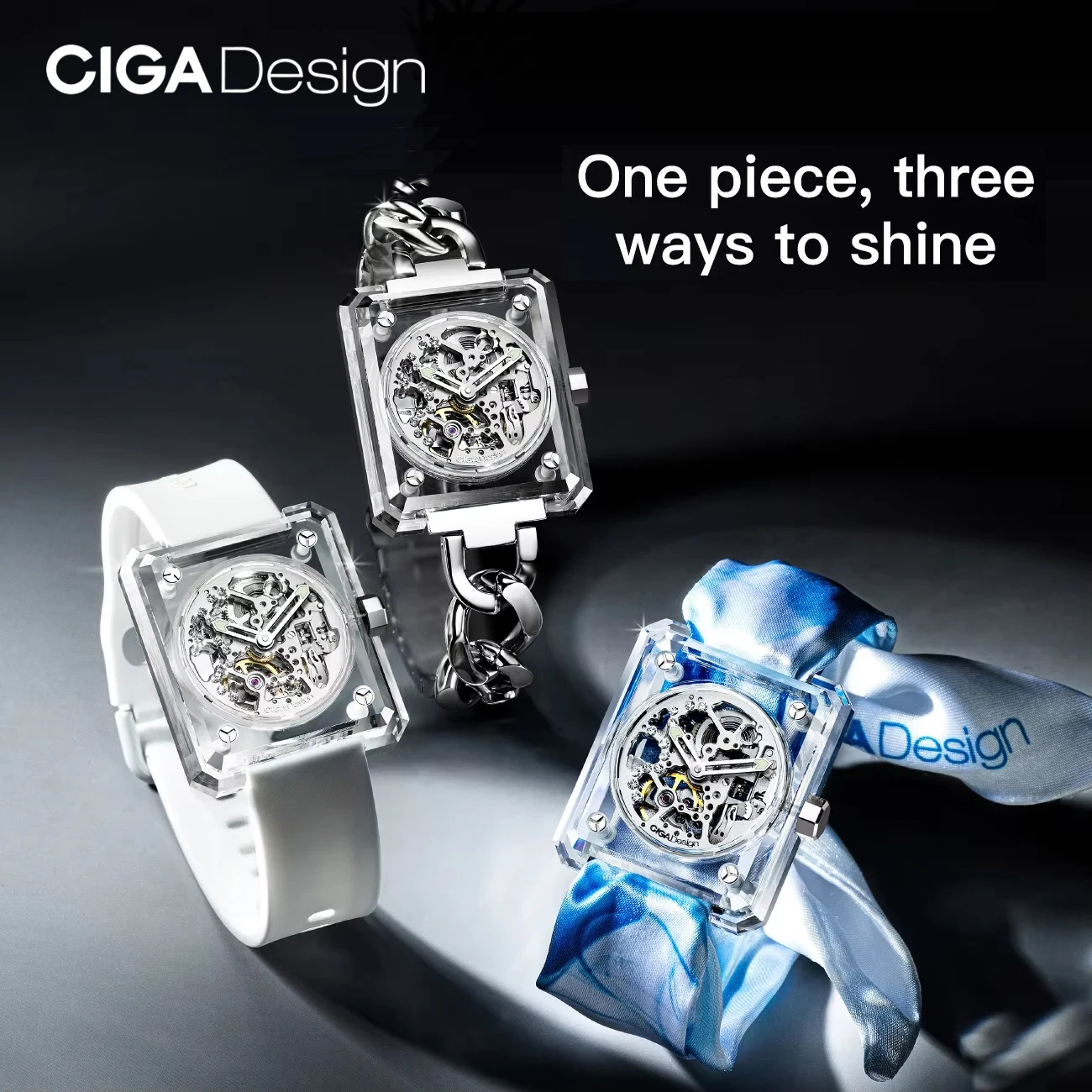 CIGA Design Transparent Automatic Watch Women R Series Crystal Love Luxury Skeleton Mechanical Watches 3 Straps Wrist Timepiece