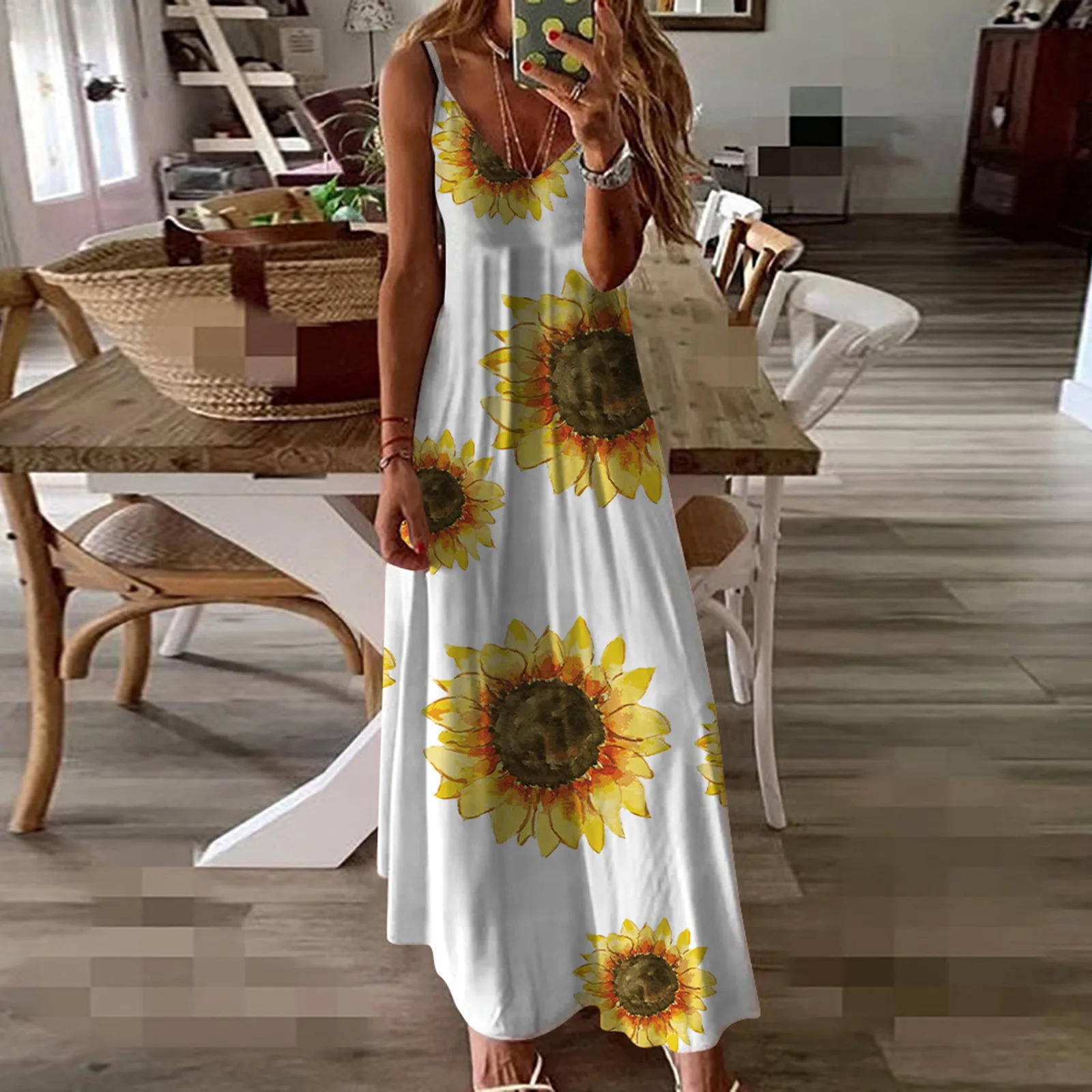 

Summer Dresses for Women 2024 Women's Summer Dress Vacation Dress Sunflower Print Dress Female Slim Fit Long Sundress