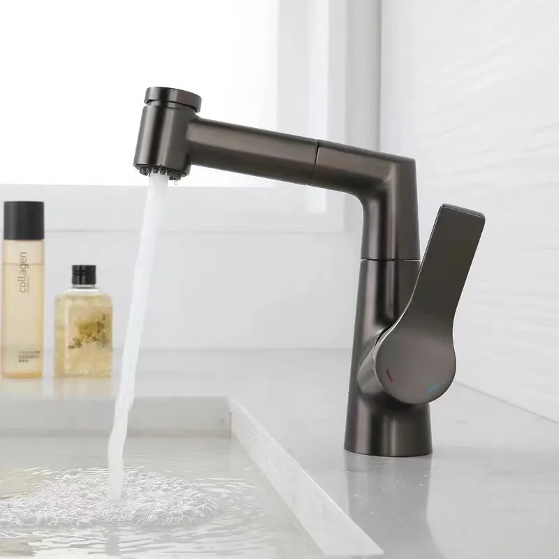 Full copper gun gray hot and cold water faucet lifting rotary pull-up basin can wash hair