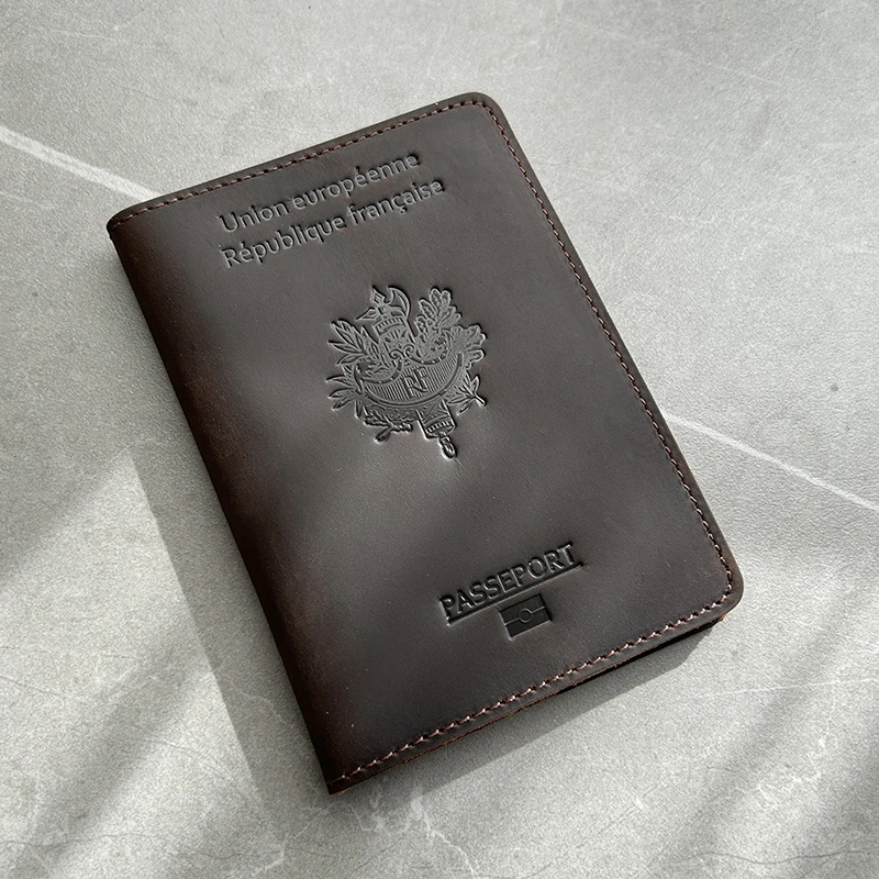 Funda de cuero genuino para pasaporte francés para hombre, fundas 100% de cuero genuino para soporte de pasaporte, regalos personalizados para hombre