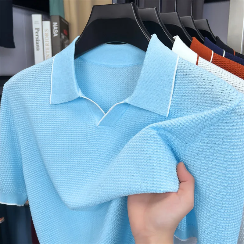 Lyocell Good Quality Knit Polos 2026 Summer Breathable Silk Cotton Knitting Shirt Men Short Sleeve Knitwear Pullover Tops