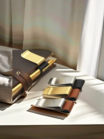 STONEGO Handmade Leather Brass Stainless Steel Pen Holder Clip Journal Notebook Paper Folder Writing Office Supplies