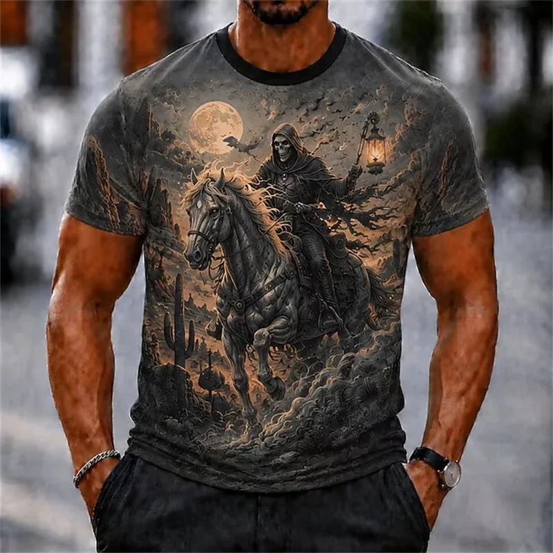 Hot-Selling New Men's Summer Skull and Horse Print Halloween Crew-Neck T-Shirt Perfect for Outdoor Parties and Celebrations