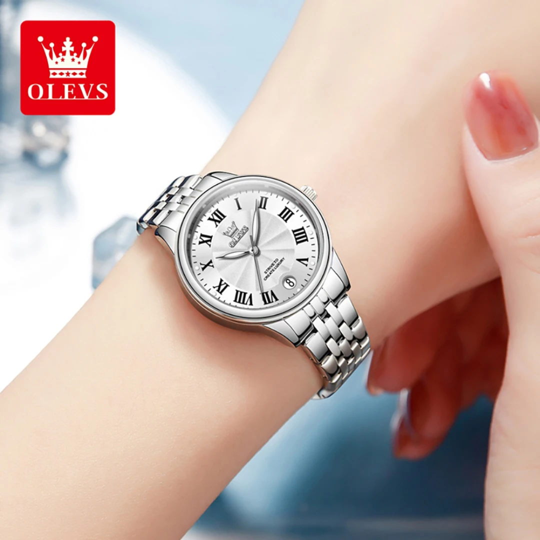 OLEVS-Montre-bracelet à quartz en acier inoxydable, cadran rond, calendrier Shoous, cadeau de mode, 5600