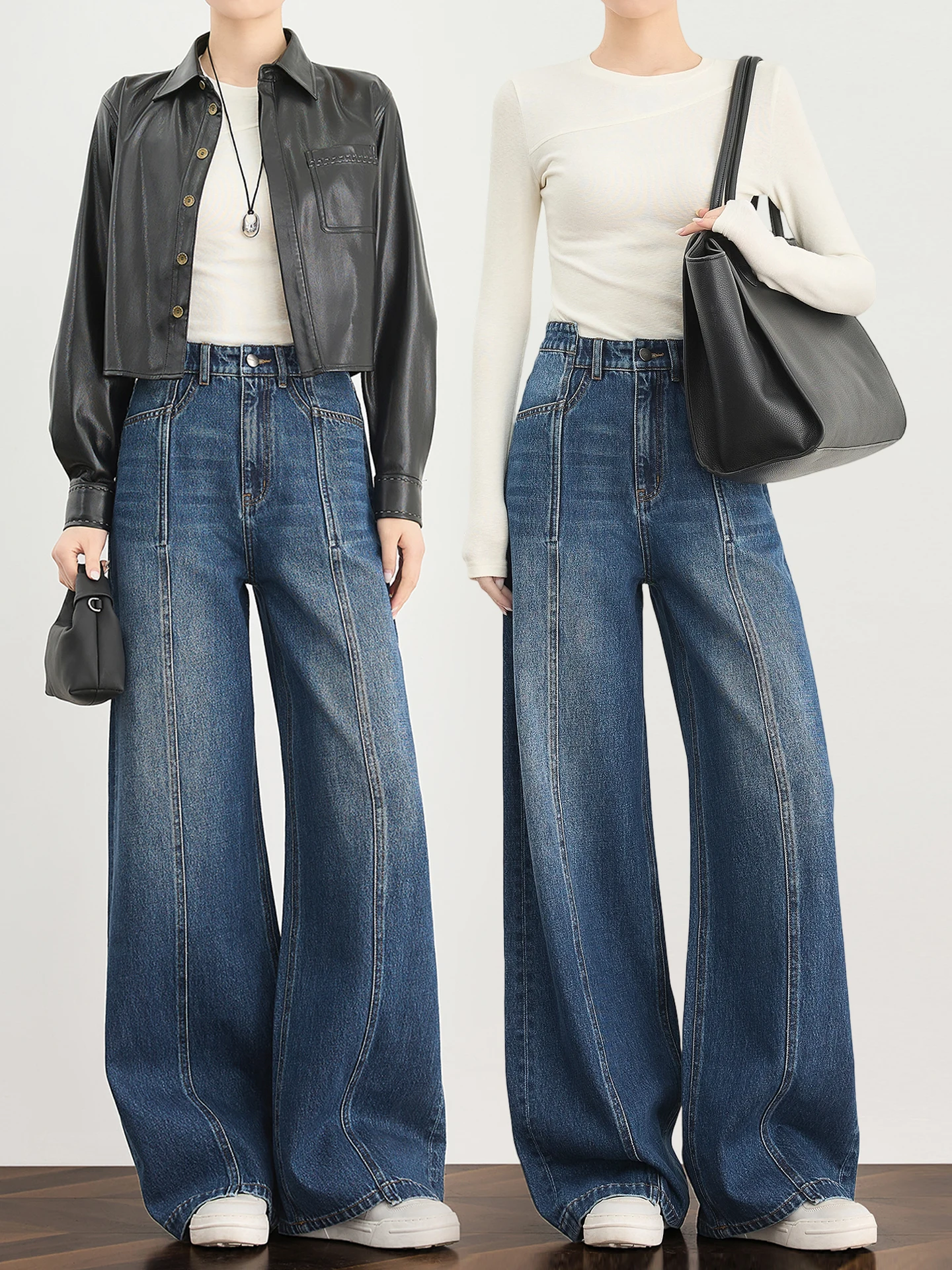 

High-End Quali Blue Zigzag Line Straight Leg Jeans Women's Retro Design Extended Wide Leg Pants Cotton High Waist Commute S...