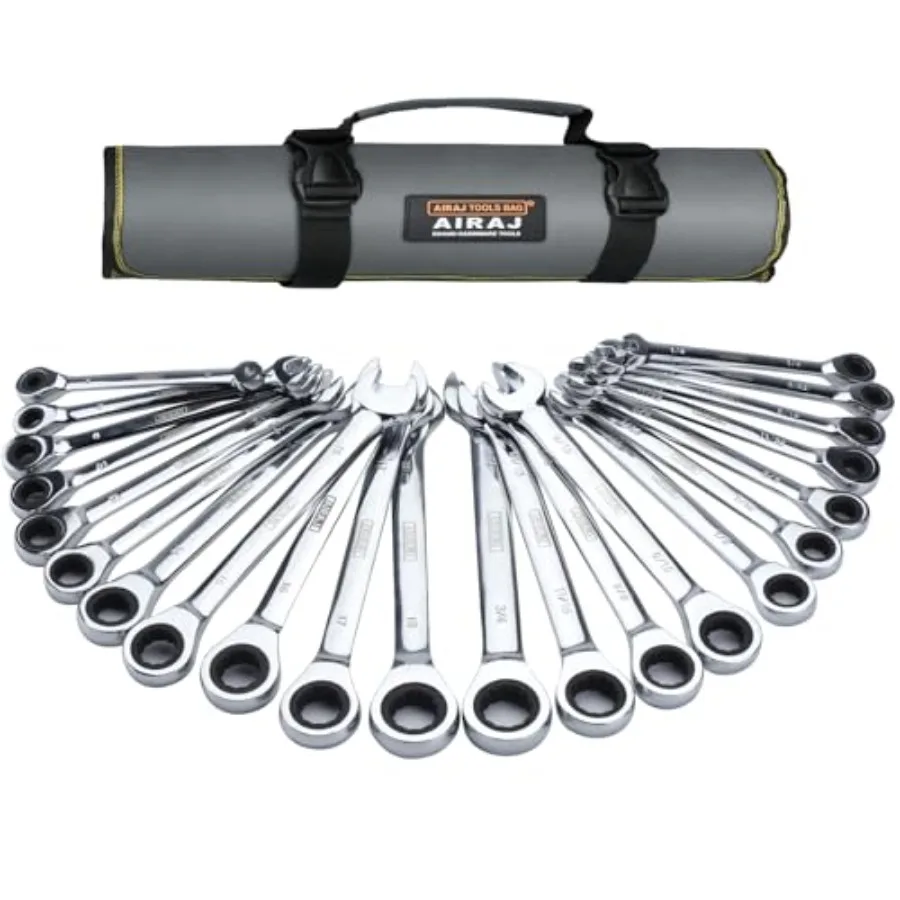 

Combination Wrench Set22-Piece Ratcheting Wrench Set Long Open End 72-Tooth Ratchet Drive CR-V Steel Organizer With Tool Roll B