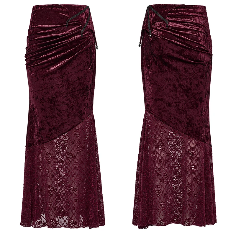 펑크 레이브 여성용 광택 벨벳 레이스 비대칭 뾰족한 우아한 피쉬테일 스커트 고귀한 미스터리 롱 스커트 여성 두 가지 색상