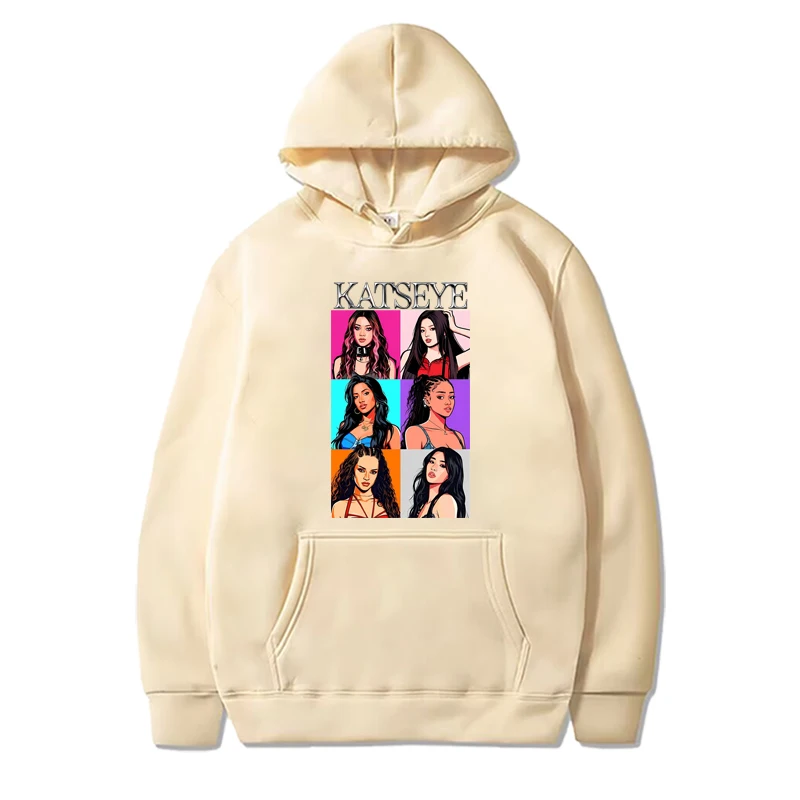 سويت شيرت كلاسيكي بقلنسوة للرجال والنساء من Katseye عتيق بأكمام طويلة مع رسومات مطبوعة بقلنسوة كبيرة الحجم للجنسين