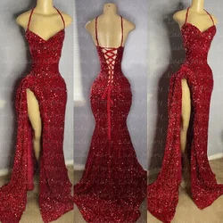 Customized Charming Red Sequins Evening Dresses Spaghetti Straps Split Women Formal Occasion Night Party Prom Gowns Met Gala