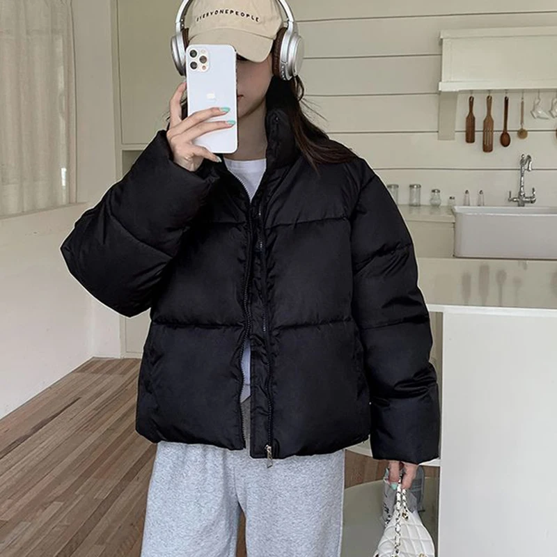 

Women's Cotton-Padded Jacket Korean Casual Solid Stand Collar Short Parkas Ladies Winter Warm Puffer Bread Cotton Coat Ladies