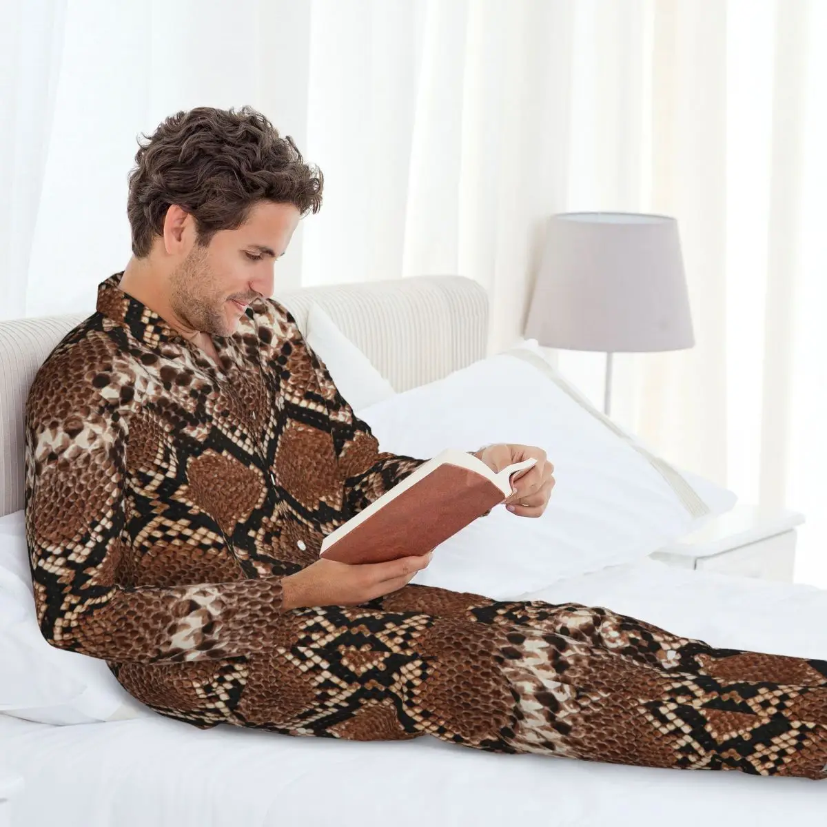 Conjunto de pijamas para hombre de otoño invierno de manga larga con patrón de piel de serpiente ropa de casa ropa de dormir 2 unids/set