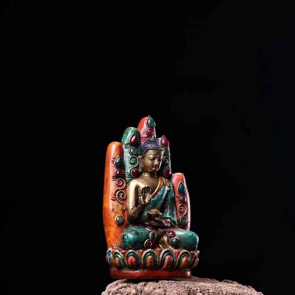 bronze Turquoise red coral Gem Buddhism buddha hand and Sakyamuni Buddha statue