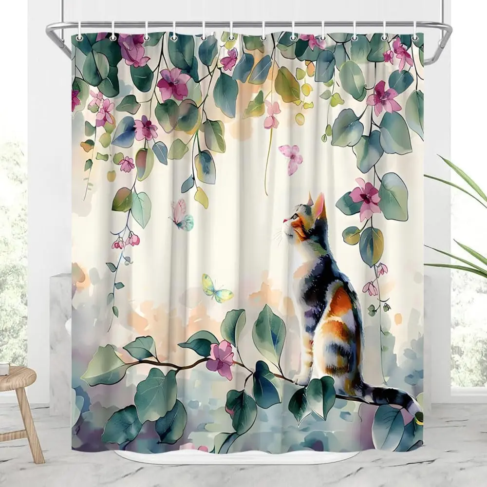 Cat and Green Leaves Shower Curtain Spring Funny Animals Rustic Plants Purple Lavender Watercolor Farmhouse Floral Flowers