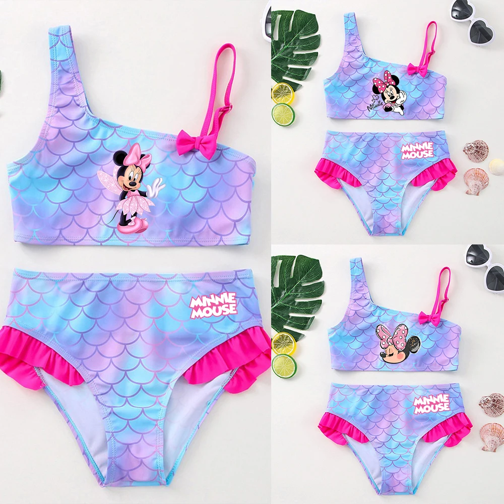 Mickey Minnie Mouse Girls Bikini Swimsuit Kids Wear Mermaid Fish Children Summer Swimwear Beach Two-Pieces Bathing Suits