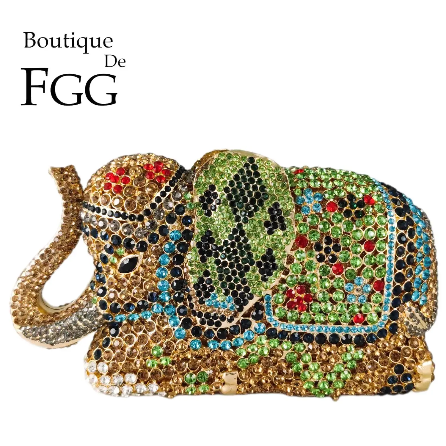 

Boutique De FGG Women Green Elephant Clultch Party Cocktail Purses and Handbags Luxury Designer Bridal Rhinestone Evening Bags