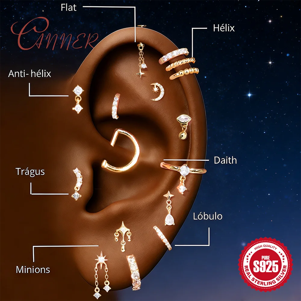 CANNER 925 Sterling Silver Star/Moon Pendant Tassel for Women Piercing Earring Classic Glossy Hoop Earring Mother's Day Gifts
