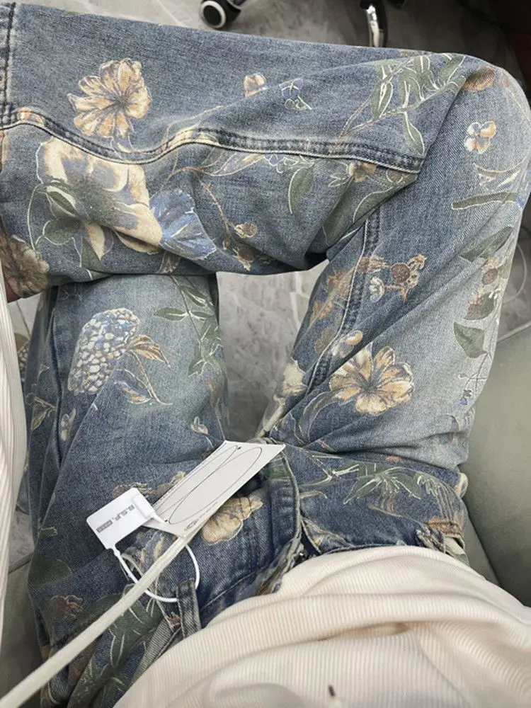 Vintage Floral Printed Jeans For Women Spring Autumn Casual Loose Straight Denim Pants Full Length Trousers Street wear