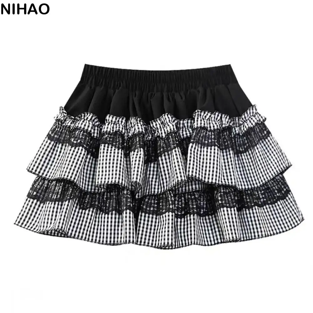 

Lolita Lace Grid Cake Skirt Plaid Stripe Ruffle JK A-line Short Skirt High Waist with Safety Pants Lace Pleated Mini Skirts Lady