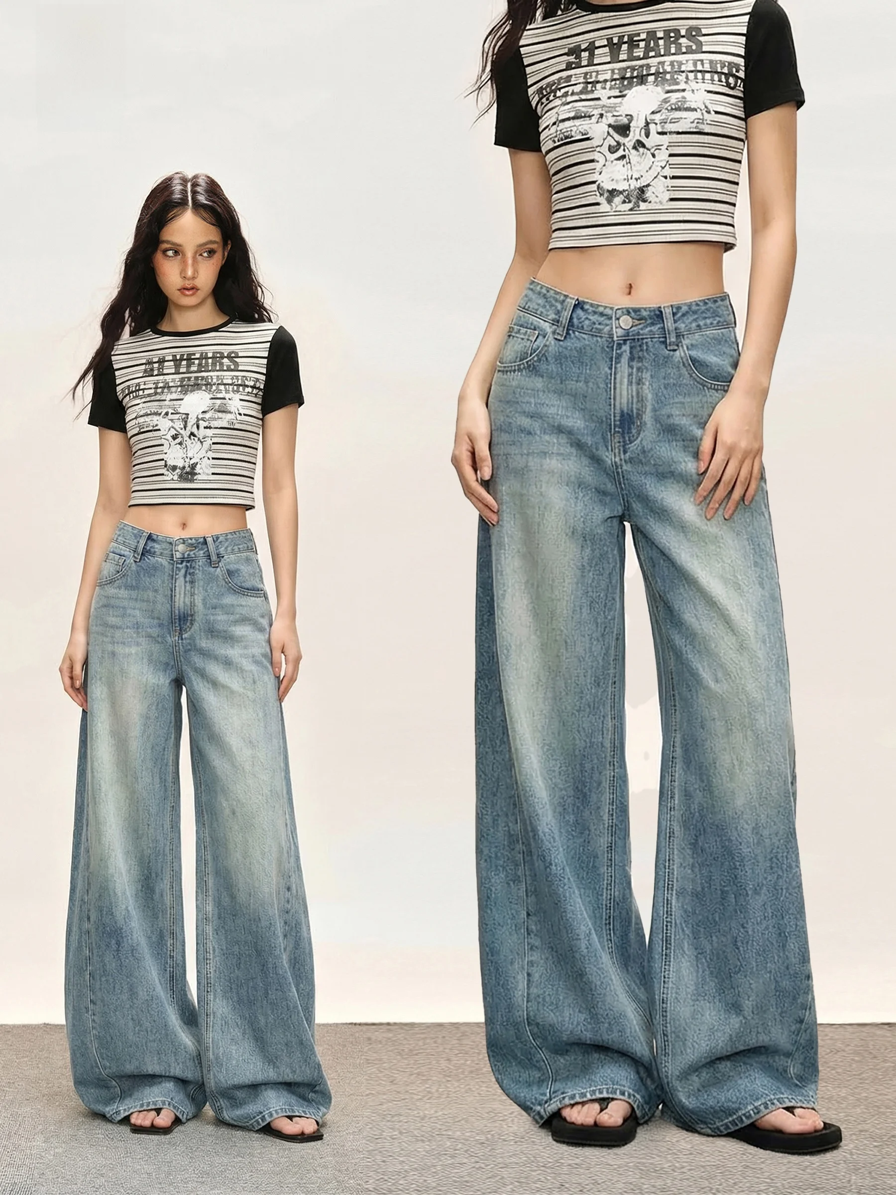 

November American Style Knife Jeans Women's Spring Design Worn Vintage Loose Straight Leg Floor Length Wide Leg Pants