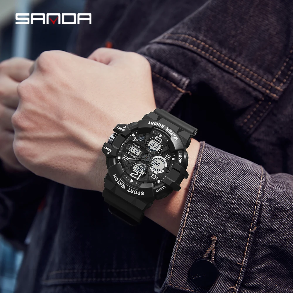 SANDA Men Analog Digital Watches Sports Military Multi-Function Wristwatch Waterproof Shock Resistant Man Quartz Watch Relogio