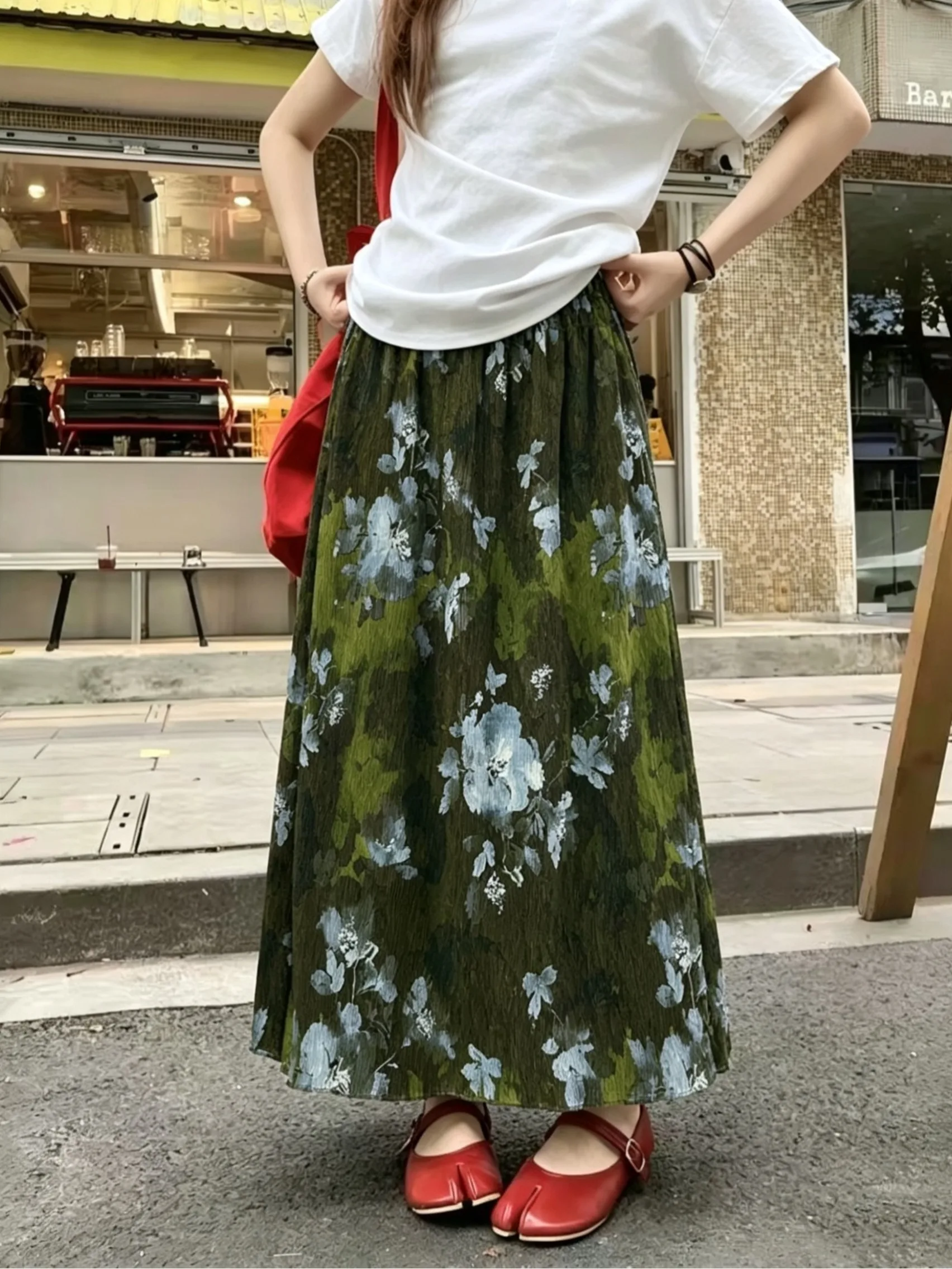 

Slimming Floral Print A-Line Skirt Women's Summer New Style Chic Elastic Waist Long Skirt Commute Style Ladies Fashion