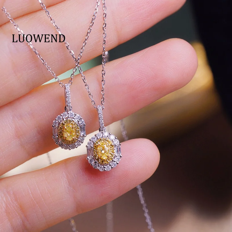 LUOWEND 100% 18K White Gold Necklace Real Natural Yellow Diamond Pendant Necklace Classic Elegant Style High Women's Jewelry