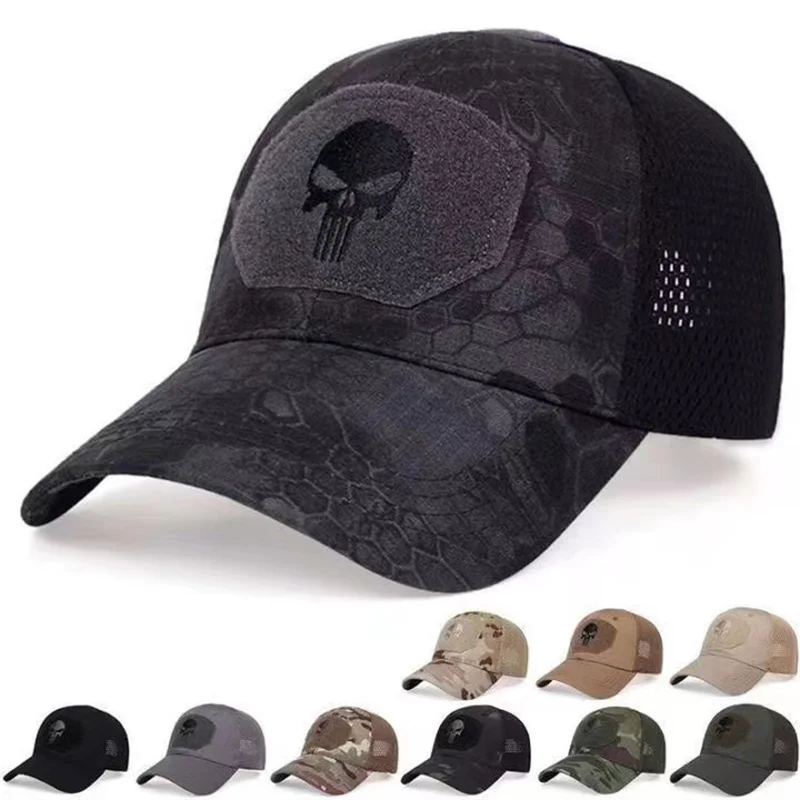 2024 New Summer Camouflage Skull Baseball Mesh Cap Adjustable Airsoft Outdoor Tactical Hiking Casquette Hats For Men Women