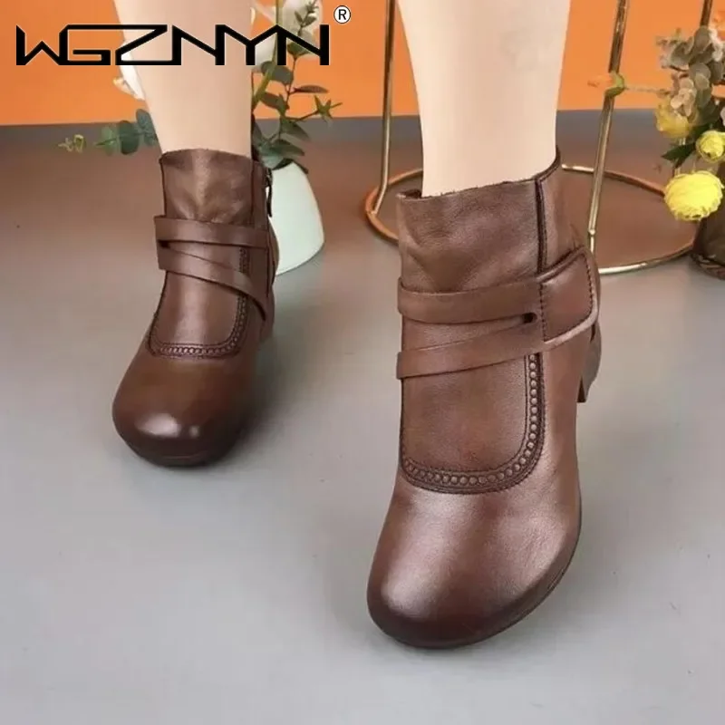 2023 High Quality Women\'s Shoes Autumn Winter Mid-Calf Outdoor Women\' Boots Solid Color Round Toe Buckle Zipper Chunky Heel Shoe