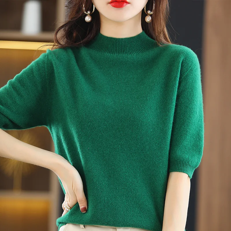 Spring Autumn Semi-High-Necked Wool Knit Bottoming Shirt Short-Sleeved Pullover Women Close Fit Comfort Solid Semi-Sleeve Tops