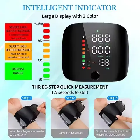 Portable Automatic Wrist Voice Blood Pressure Monitor Digital One Button Blood Pressure Monitor Machine Tonometers for Home Use