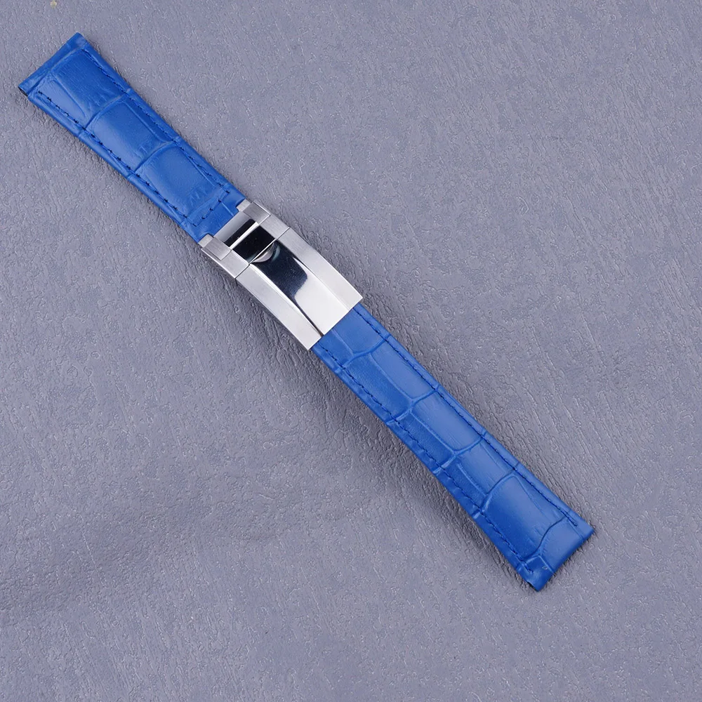 For Oyster GMT SKX Black Bay Watch band 20mm Blue Genuine Leather Strap with Middle Polish Gold Silver Brush Clasp Men