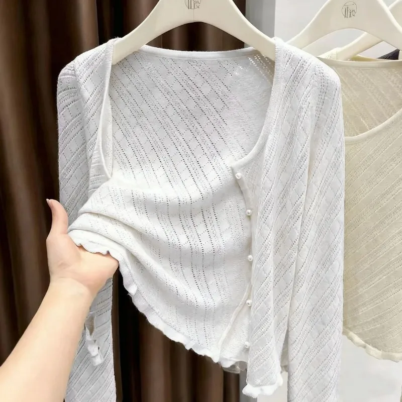 Womens Lavender Hollow Knit Crop Cardigan Pearl Button Short Sleeve Casual Layering Outerwear