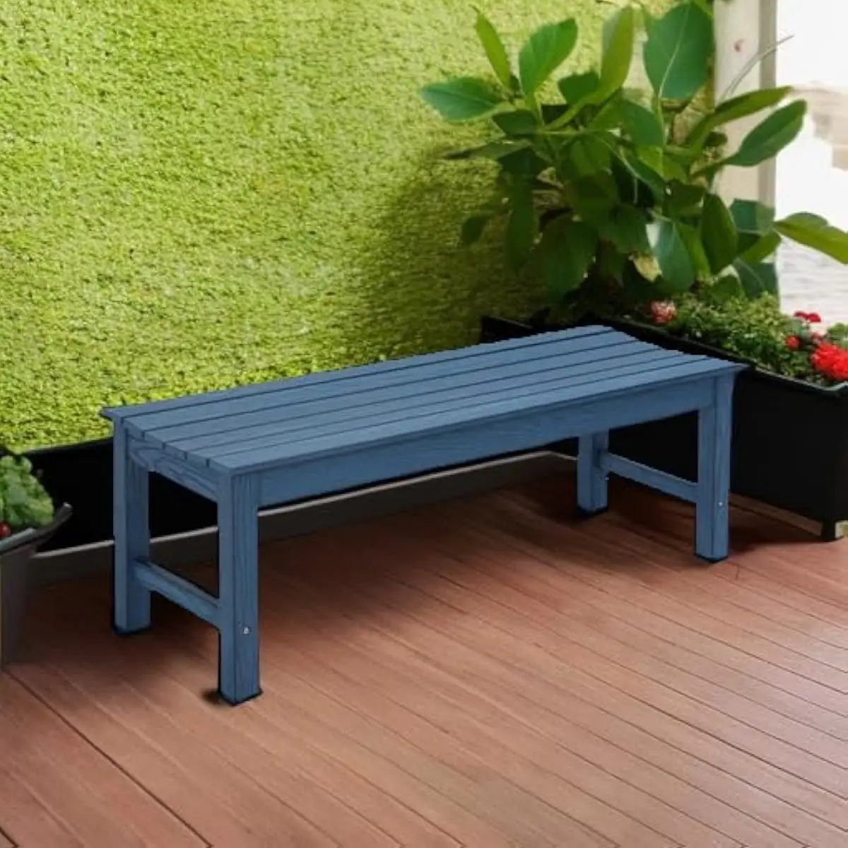 Outdoor bench for two adults, weatherproof patio seating with 3D wood grain texture, 800 lb load capacity, all-season durable HI
