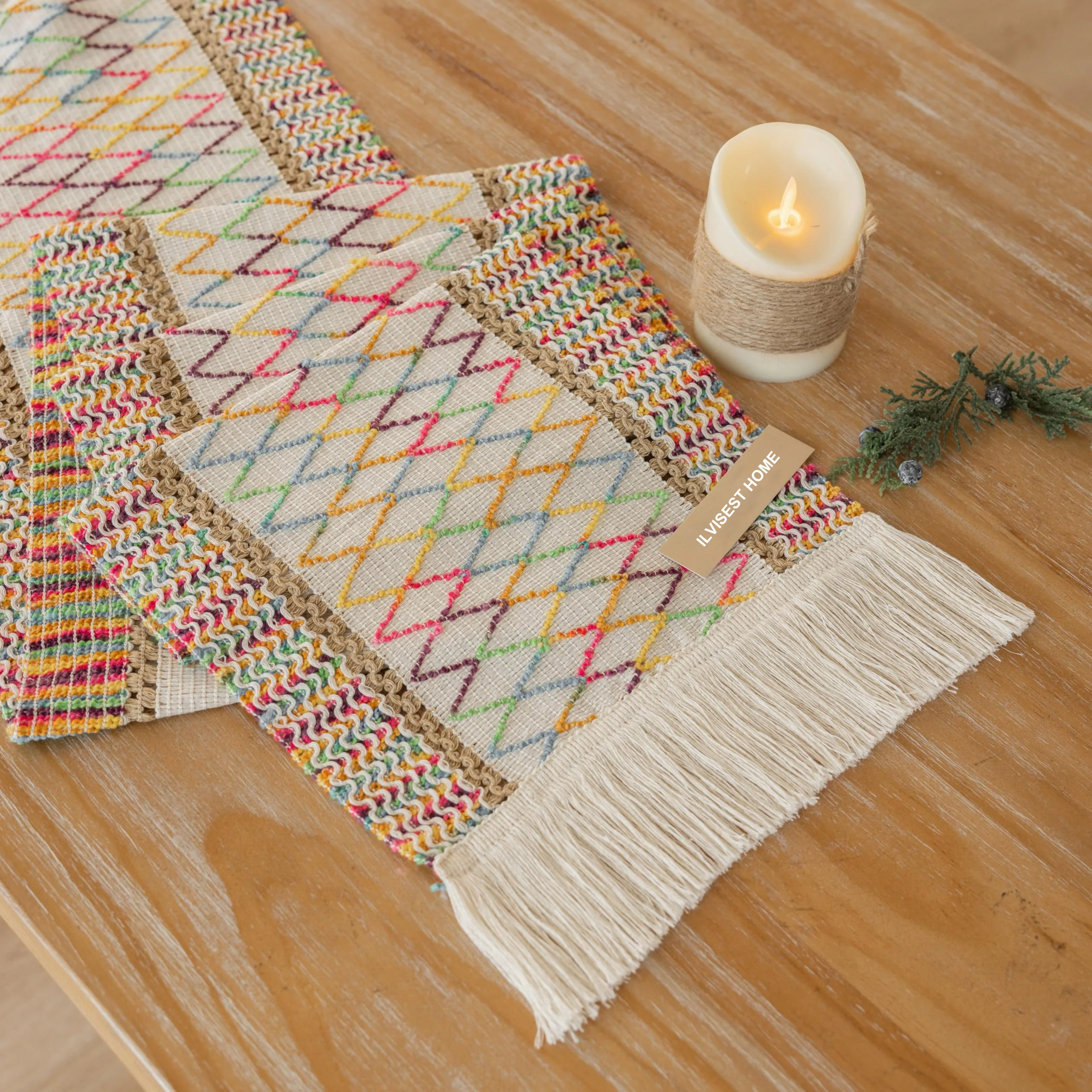

Boho Table Runner Colorful Farmhouse Macrame Burlap Jute Rustic Dining Kitchen Centerpiece Bohemian Decor Country Decorations