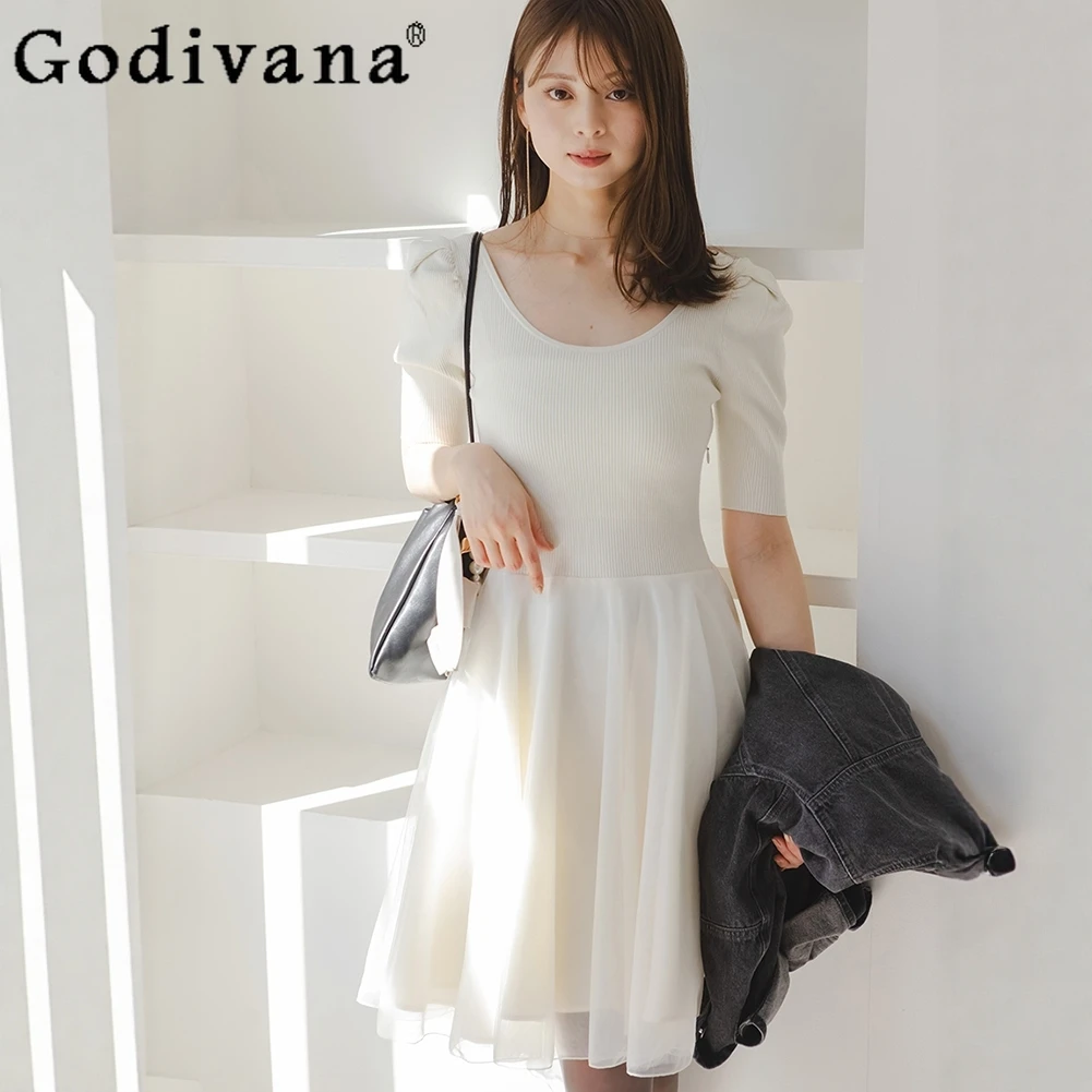 

Japanese Fashion Sweet Knit Patchwork Long Sleeve Dress Spring Autumn New Women's Slim Fit Elegant Mesh Bottoming Dress 2025