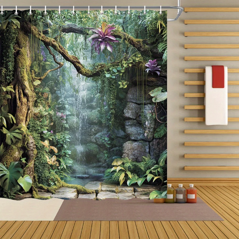 Rainforest Shower Curtain Tropical Jungle Waterfall Print Waterproof Fabric Bathroom Curtains with Hooks Nature Home Decor