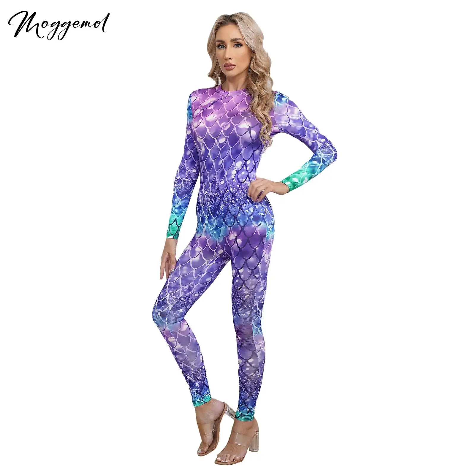 Womens Mermaid Costume Fish Scale Print Jumpsuit One Piece Long Sleeve Catsuits Back Zipper Full Body Stretch Bodysuit Swimsuit