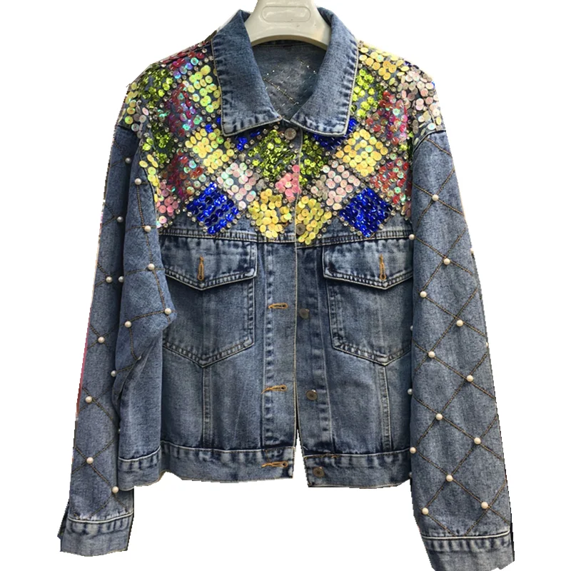 

2023 spring new luxury mixed color sequined beaded diamonds denim jacket for women street fashion long sleeves jean coat outwear