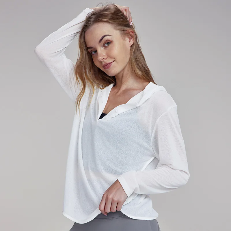 

Модная простая легкая тонкая женская свободная блузка с капюшоном и длинным рукавом для йоги, приятная для кожи дышащая футболка для фитнеса и пилатеса