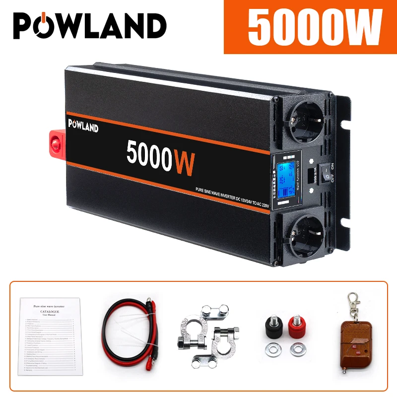POWLAND 5000W 4000W 3000W Omvormer DC 12V 24V Naar AC 220V Zuivere Sinus auto Omvormer Converter Afstandsbediening EU Socket